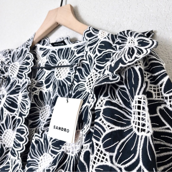 NWT Sandro Audrey Floral Embroidered Mini Dress XS Noir Flared Ruffle Eyelet - Picture 8 of 13